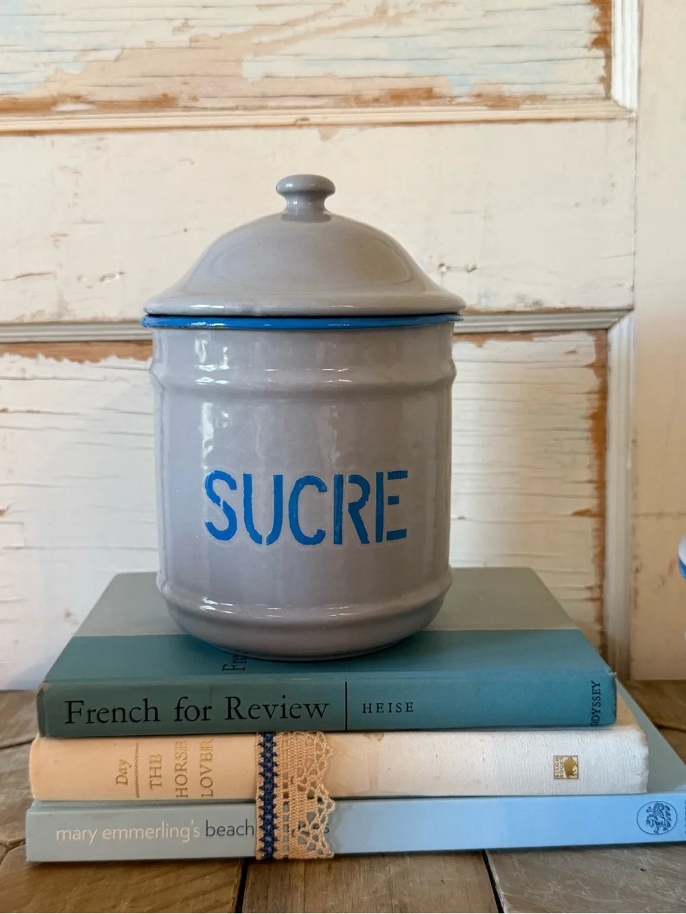 Vintage French Enamel Canisters;Sucre, Cafe & Farine,SET/3, Blue/Gray, Provence